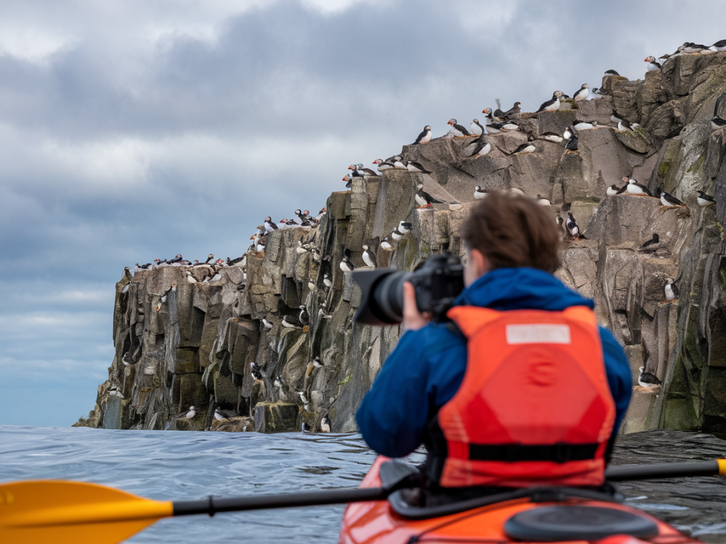 Step-by-step plan to photograph nesting puffins from a kayak without disturbing colonies