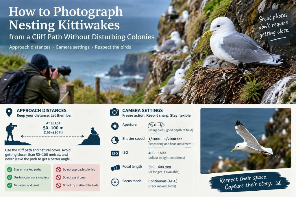 how to photograph nesting kittiwakes from a cliff path without disturbing colonies: approach distances and camera settings