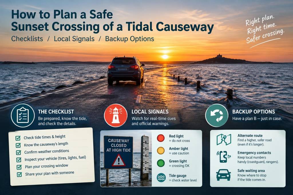 how to plan a safe sunset crossing of a tidal causeway: checklists, local signals and backup options